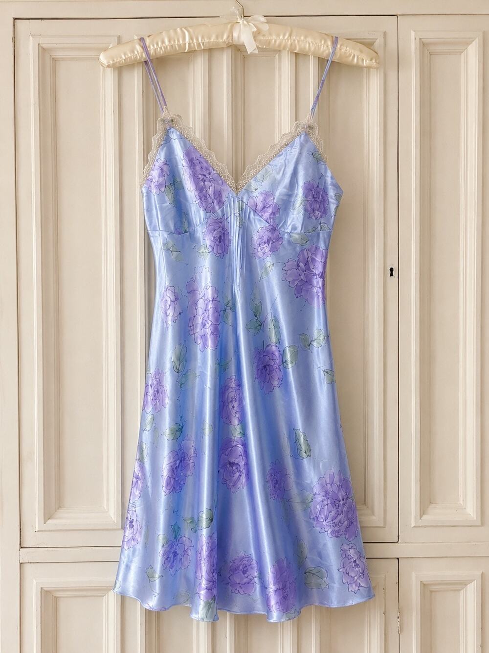 Vintage 90s Lavender Floral Satin Lace Nightie Mini Slip Dress Romantic Coquette